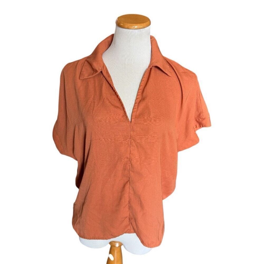 Womens Shein Pumpkin Orange Split Neck Flowy Top Blouse - Sz S